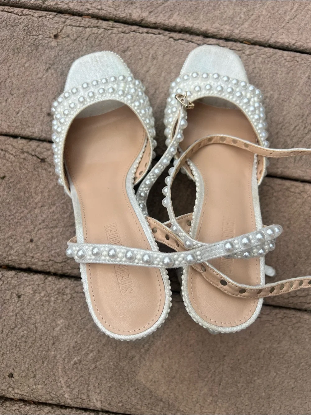 Steve Madden White Pearl-Embellished Platform Sandals